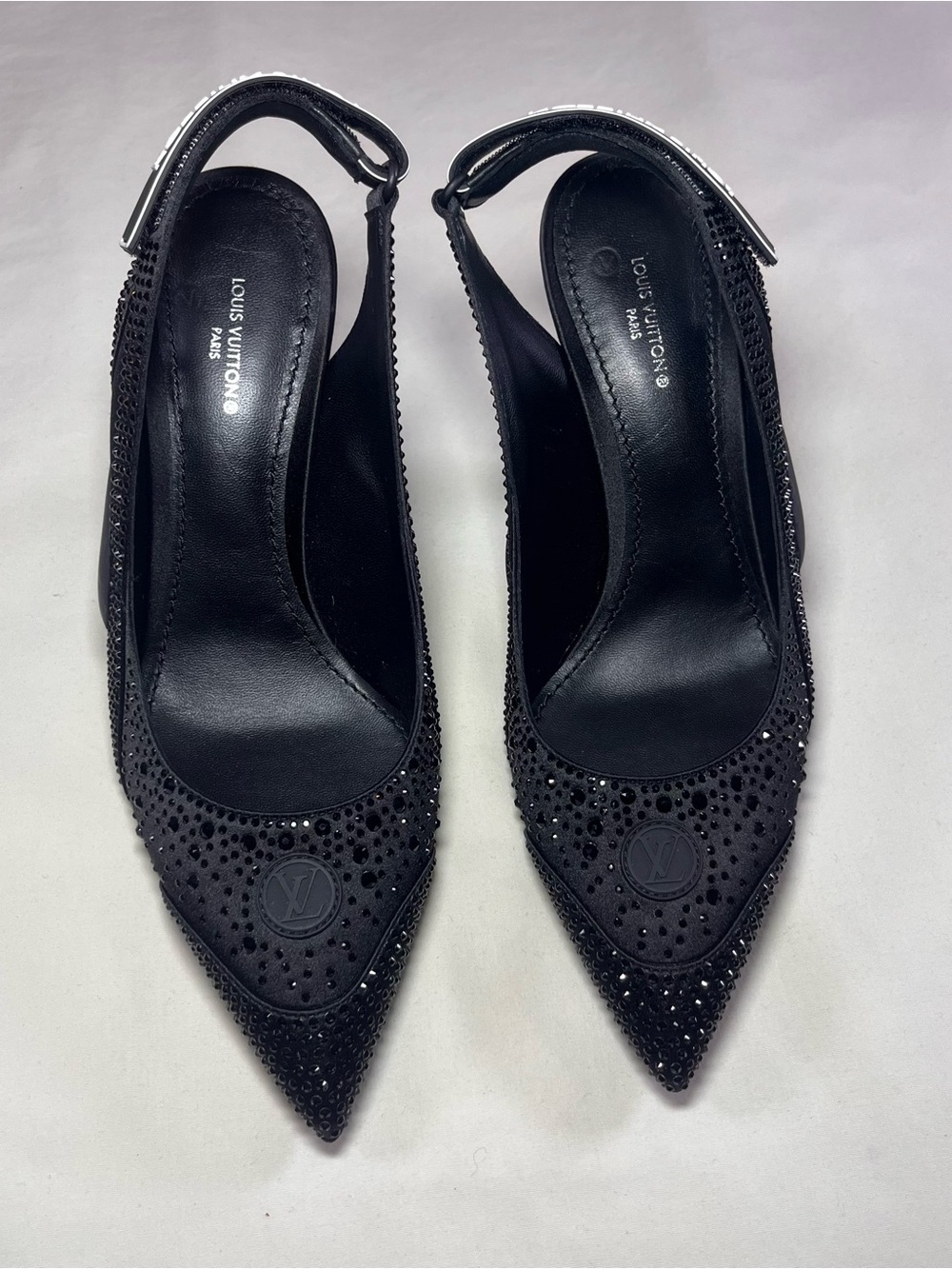 Louis Vuitton Womenโs Black Swarovski Slingback Stiletto Leather EU 37.5 Pointed